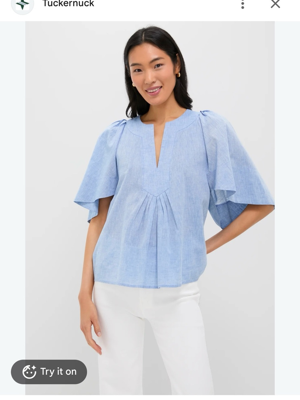 Tuckernuck Light Blue Chambray Pleated Flutter-Sleeve Blouse